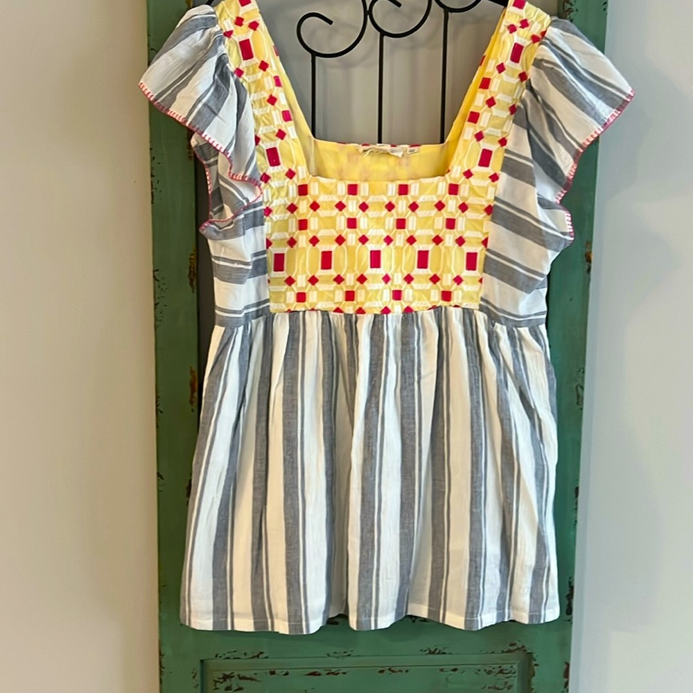 Anthropologie Forever That Girl Embroidered Yellow & Gray Striped Tunic NWT 10 - Picture 2 of 7
